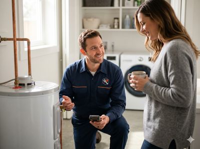 Close-up of a plumber flushing a residential tank water heater during annual maintenance