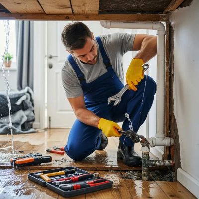 Licensed plumber repairing a burst pipe under a floor in a Congress Park, Denver home