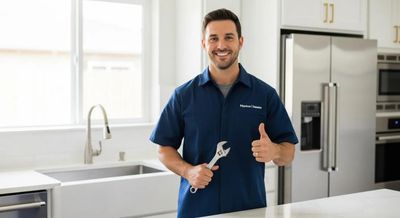 Smiling licensed plumber holding a wrench and giving a thumbs up in a Washington Park, Denver home