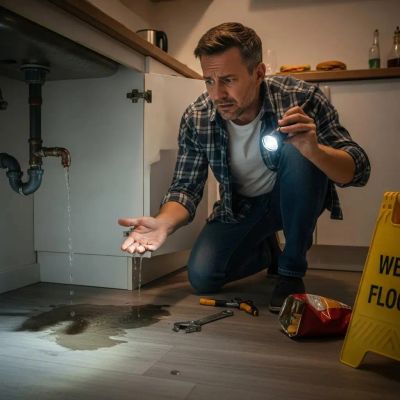 Homeowner using a flashlight to find a pipe leak under the kitchen sink in a Washington Park, Denver home