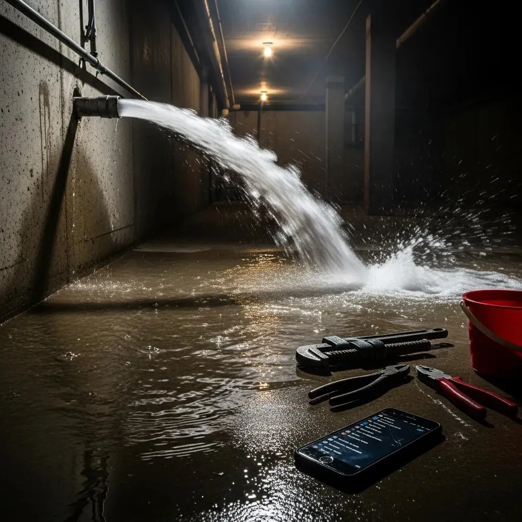 Plumber addressing a burst pipe emergency in a residential home