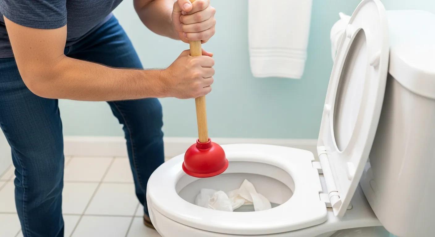 a technician unclogging toilet with a plunger clogged toilet