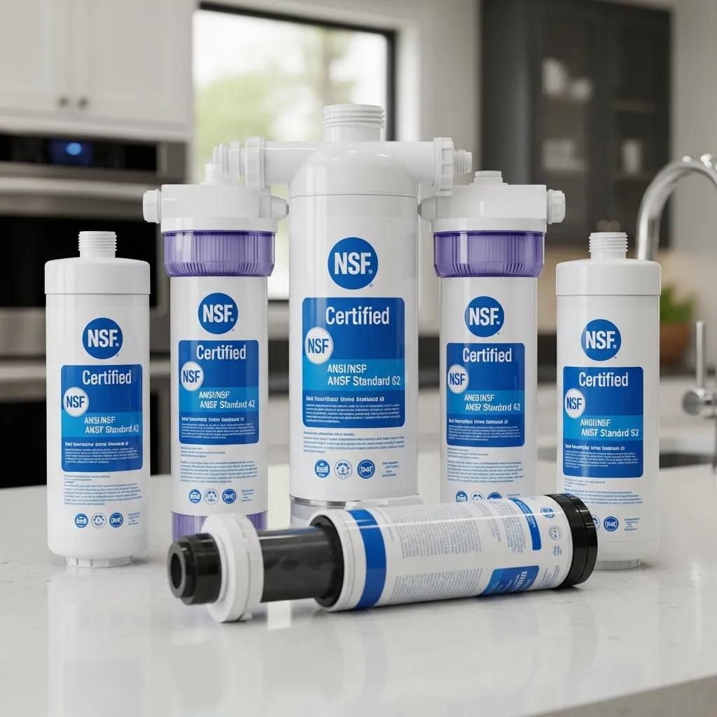 Close-up of certified whole‑house water filters with certification label