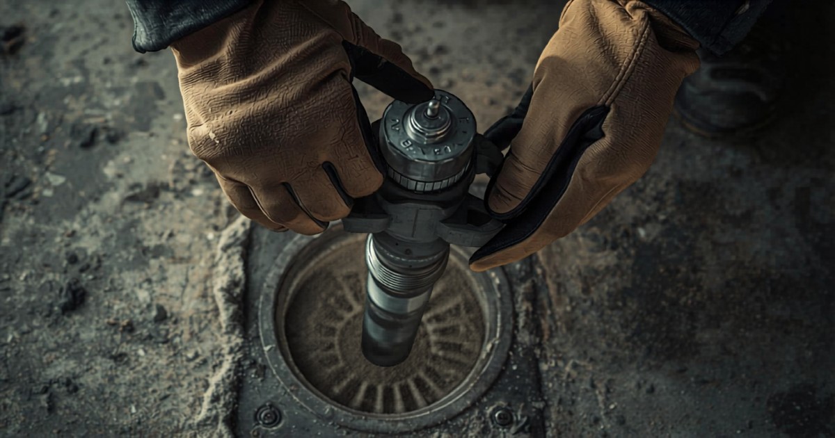 Plumber feeding a cable drain cleaning machine into a residential floor drain
