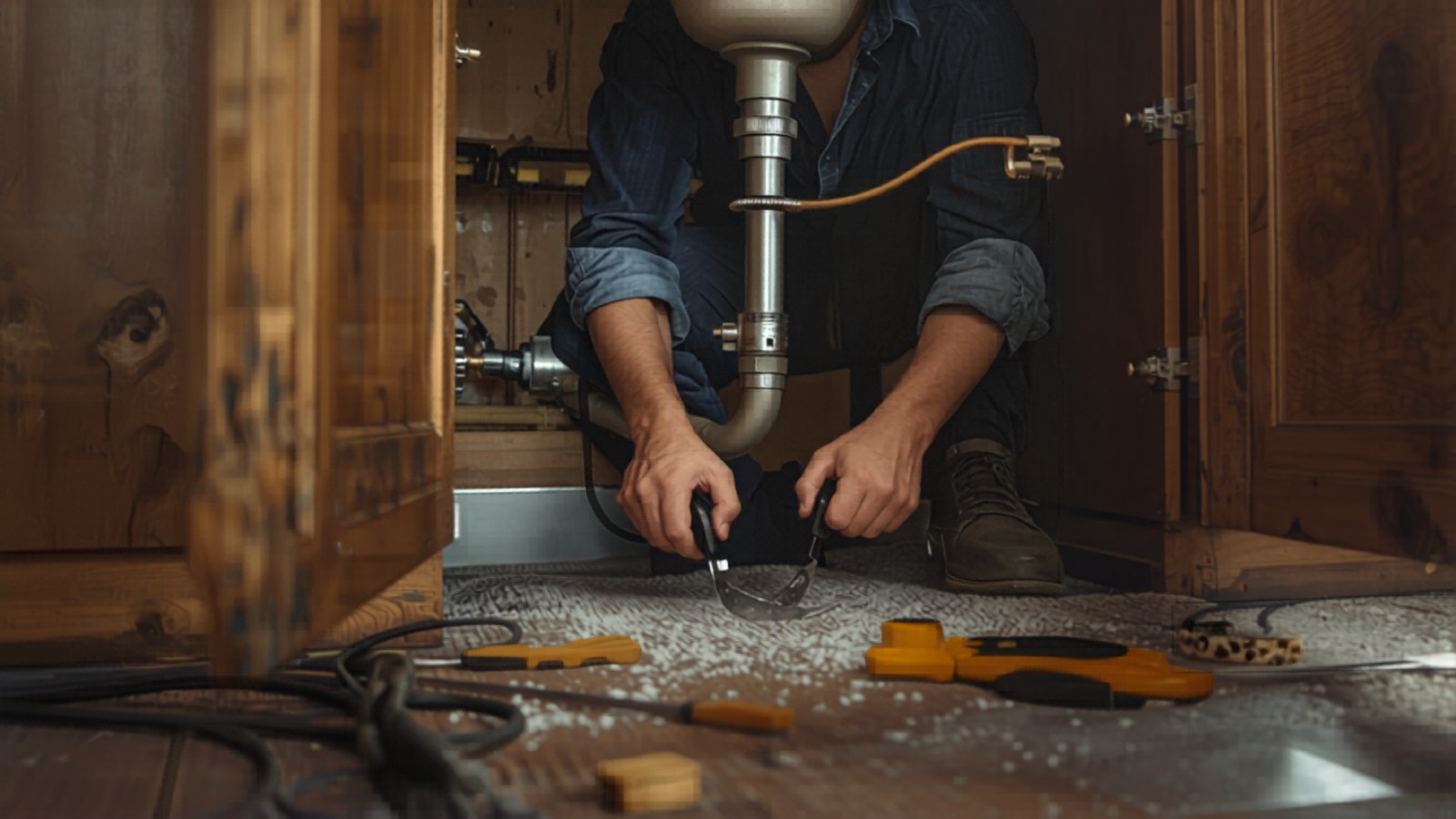 Plumber repairing a clogged kitchen sink drain in a Denver home