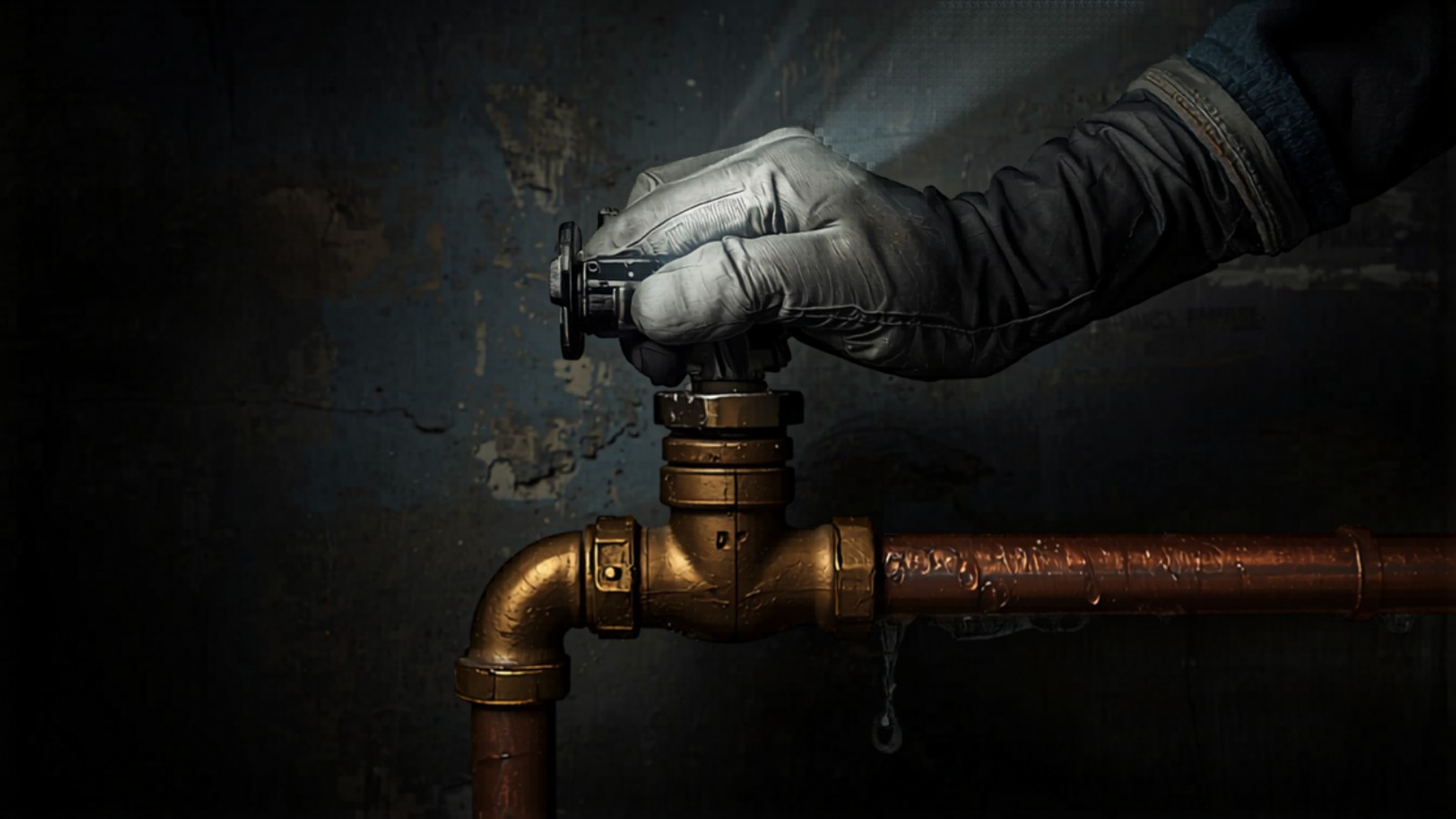 Hand turning the main water shutoff valve in a Denver home