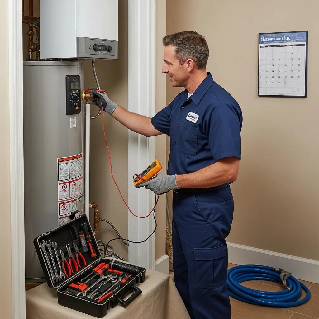 Plumber doing routine maintenance on a water heater — preventative care prevents emergencies
