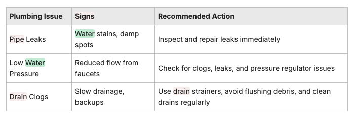 Plumbing issues table