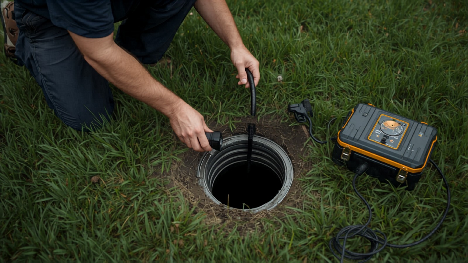 Plumber feeding a sewer camera into an outdoor cleanout in a Denver yard