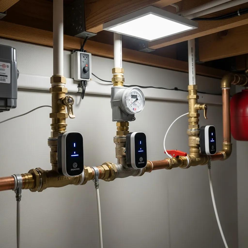 Smart water shutoff valves installed in a home to help prevent water damage after a burst pipe Smart water shutoff valves installed in a home to help prevent water damage after a burst pipe
