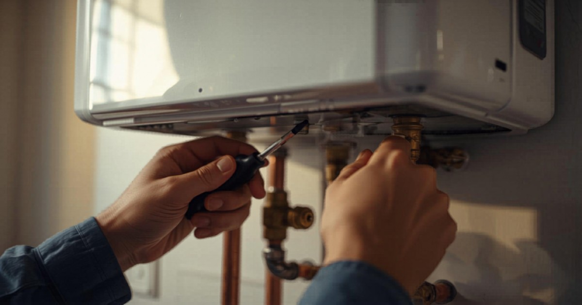 Technician servicing a wall-mounted tankless water heater in a Denver home
