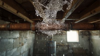 Water spraying from a burst pipe in a Denver basement