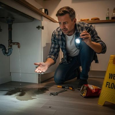 Homeowner checking a leaking pipe — urgent plumbing issue that needs quick attention