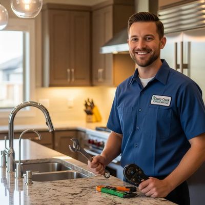 Professional plumber in Cherry Creek home with tools, showcasing reliable plumbing services