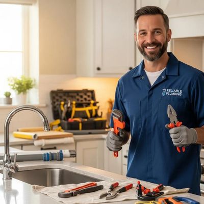 Professional plumber smiling in a modern kitchen, showcasing expertise and reliability